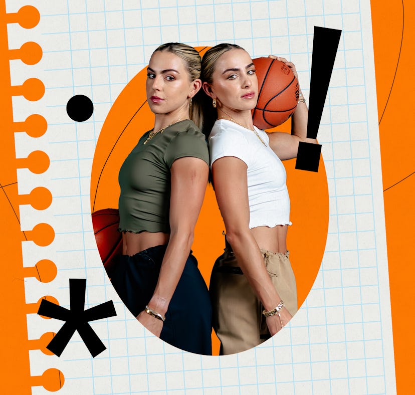 Two young women in casual attire pose back to back, with one holding a basketball, against an orange...