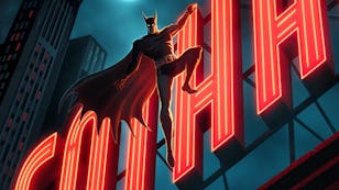 Batman stands heroically in front of glowing red "HAHA" sign in a dark, neon-lit cityscape.