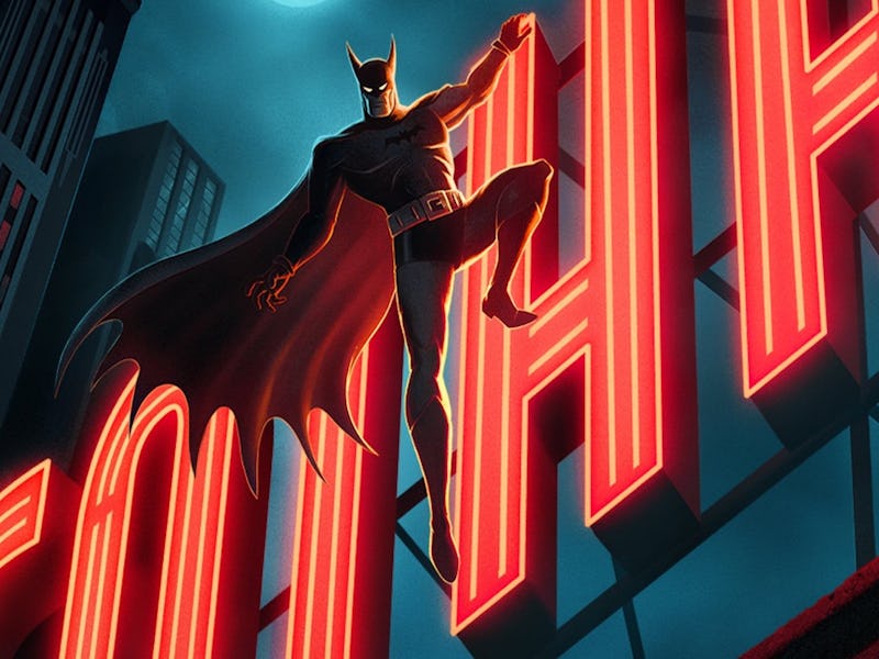 Batman stands heroically in front of glowing red "HAHA" sign in a dark, neon-lit cityscape.