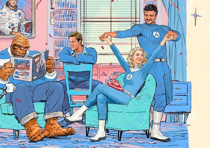 Illustration of Fantastic Four members relaxing in a cozy room; The Thing reads, Mr. Fantastic stretches, and Invisible Woman lounges.