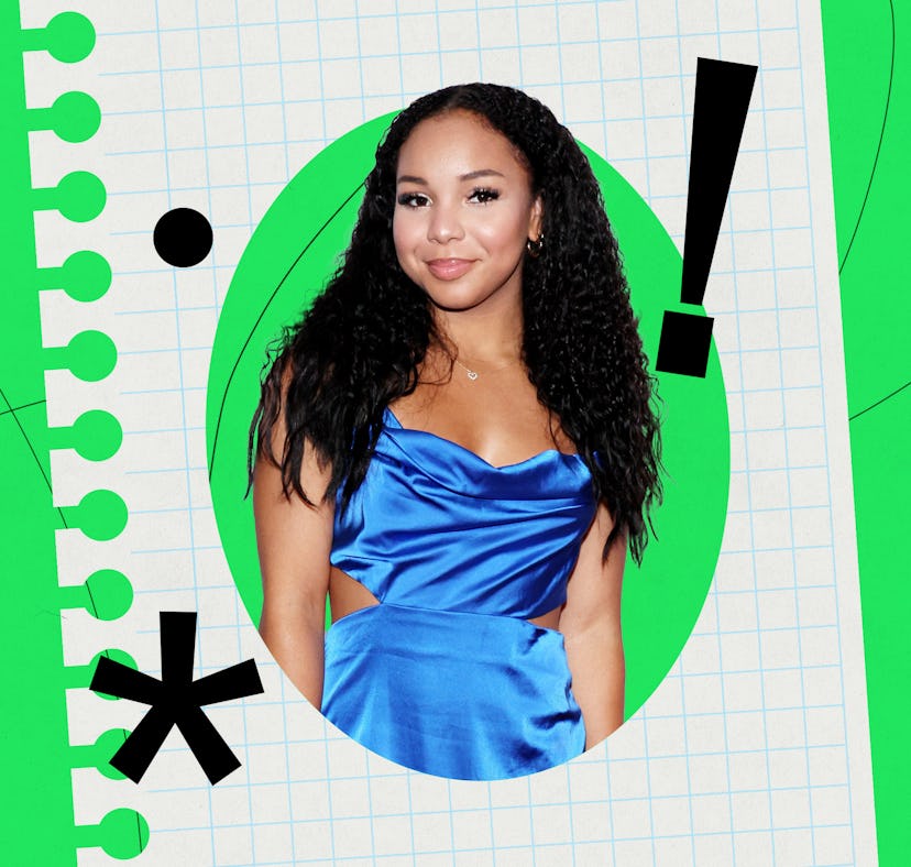 A stylish young woman dressed in a blue satin top against a graphic green background with notebook-s...