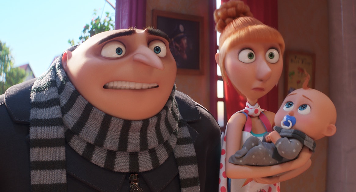Voice actors and characters from “Despicable Me 4” in side-by-side photos
