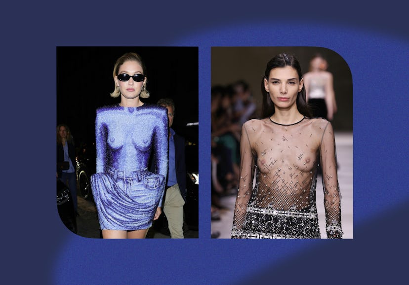 Gigi Hadid in Paris and a Giorgio Armani Prive model during Paris Couture Week.