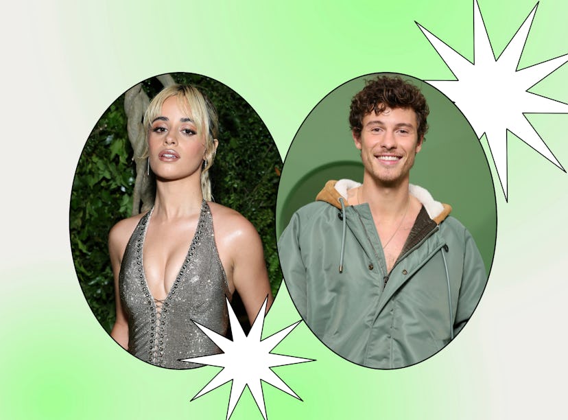 Two overlapping circular images on a green background featuring a woman in a silver dress and a man ...