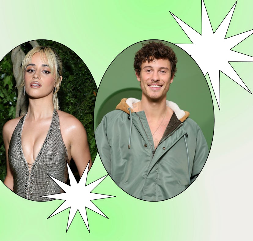 Two overlapping circular images on a green background featuring a woman in a silver dress and a man ...