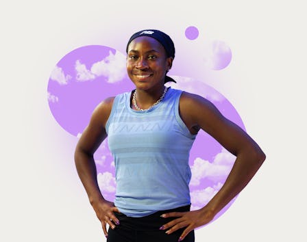 Confident woman in sports attire with hands on hips, standing before a purple abstract background.