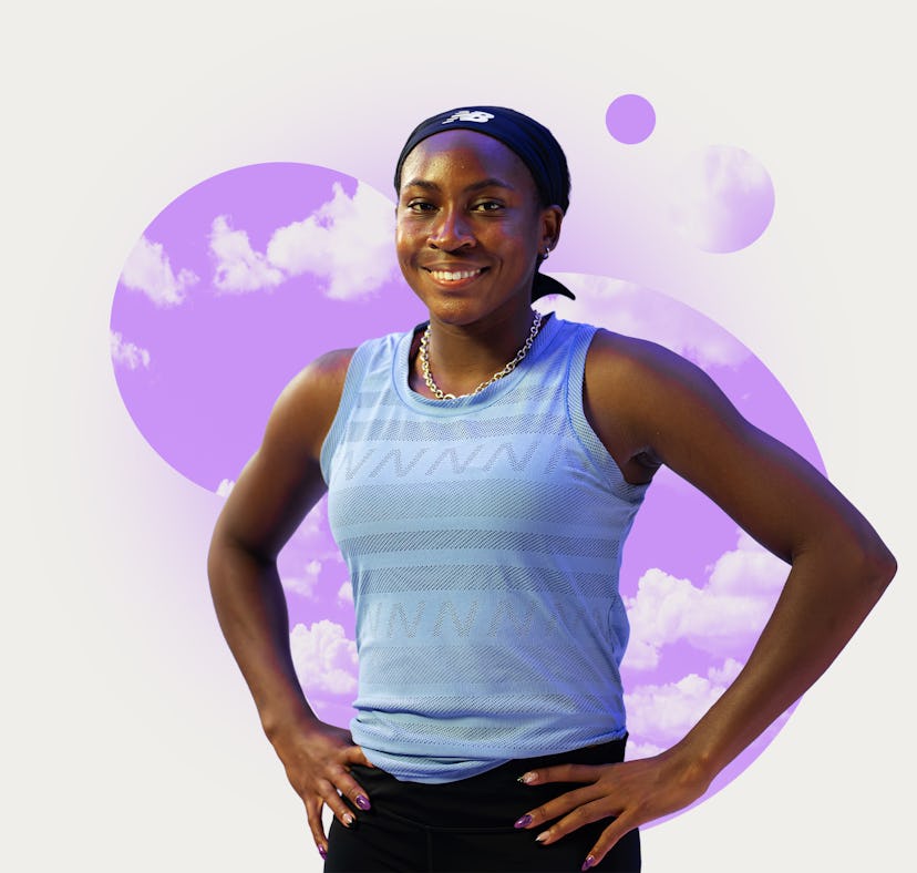 Confident woman in sports attire with hands on hips, standing before a purple abstract background.