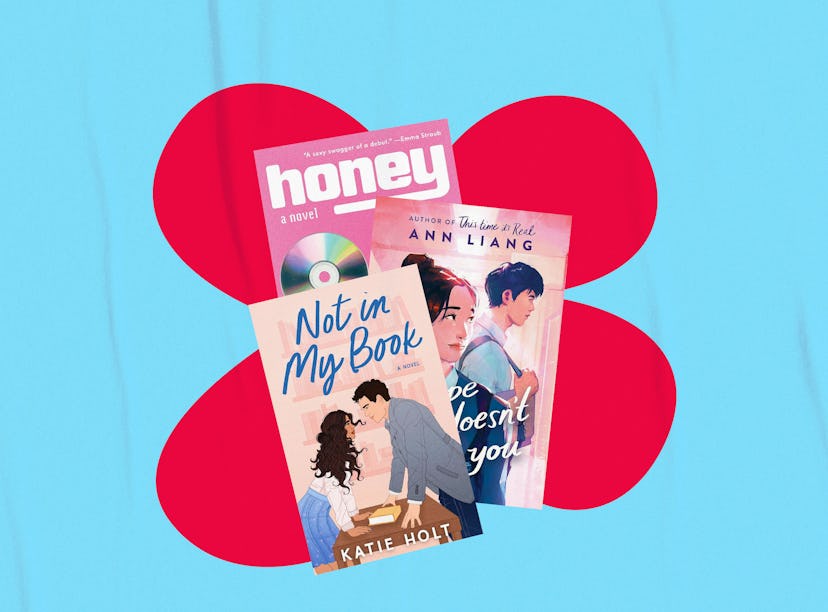 Three romance novels titled "Honey," "Not in My Book," and "Love Doesn't See You" on a blue backgrou...