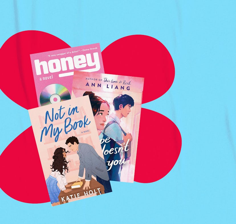 Three romance novels titled "Honey," "Not in My Book," and "Love Doesn't See You" on a blue backgrou...
