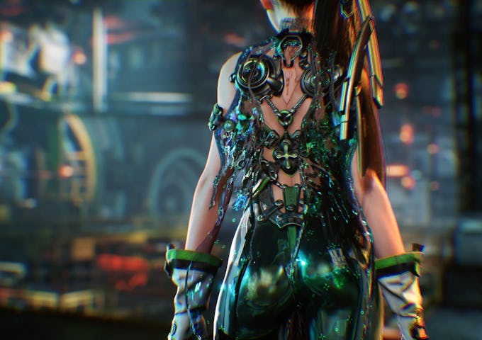A futuristic female character in an intricate, metallic green armor, viewed from the back, set against an industrial, blurred background.