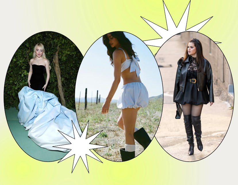 Sabrina Carpenter, Kylie Jenner, and Selena Gomez wearing bubble dresses and skirts.