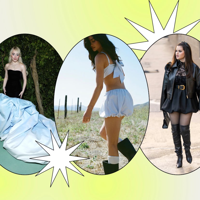 Sabrina Carpenter, Kylie Jenner, and Selena Gomez wearing bubble dresses and skirts.