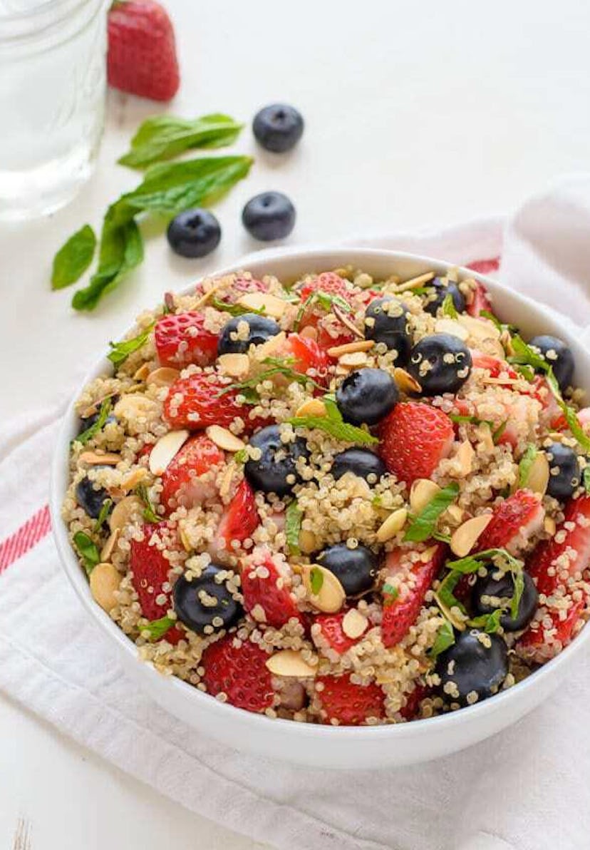 One make-ahead Fourth of July appetizer to make is red, white, and blue quinoa salad.