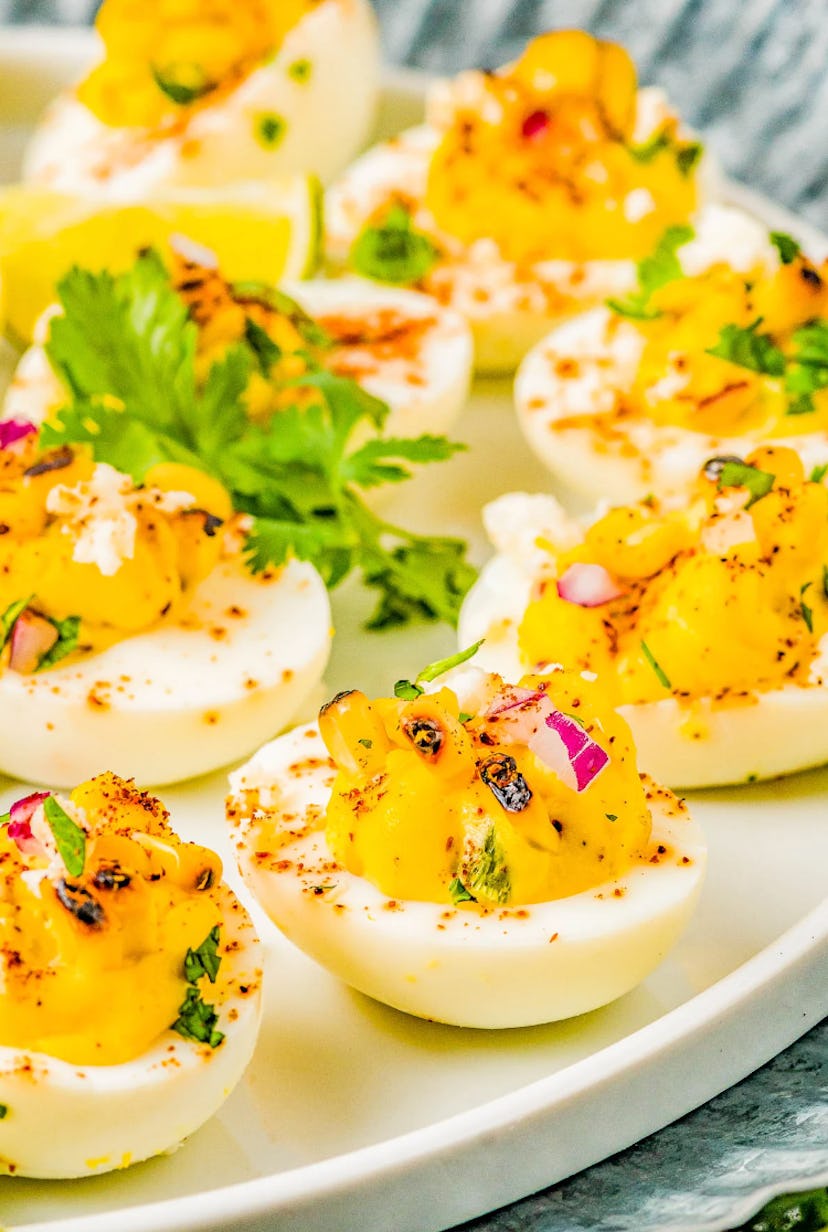 Mexican street corn deviled eggs is a make-ahead Fourth of July appetizer idea to enjoy.