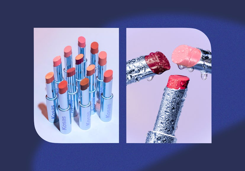 Collection of colorful lipsticks on blue holders in one image, and glittered lipstick tubes in the o...