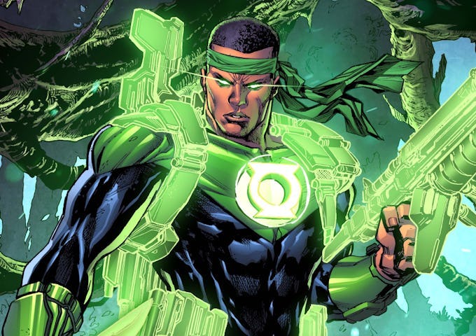 Illustration of Green Lantern, a superhero in a green suit, charging forward with glowing constructs and intense expression.