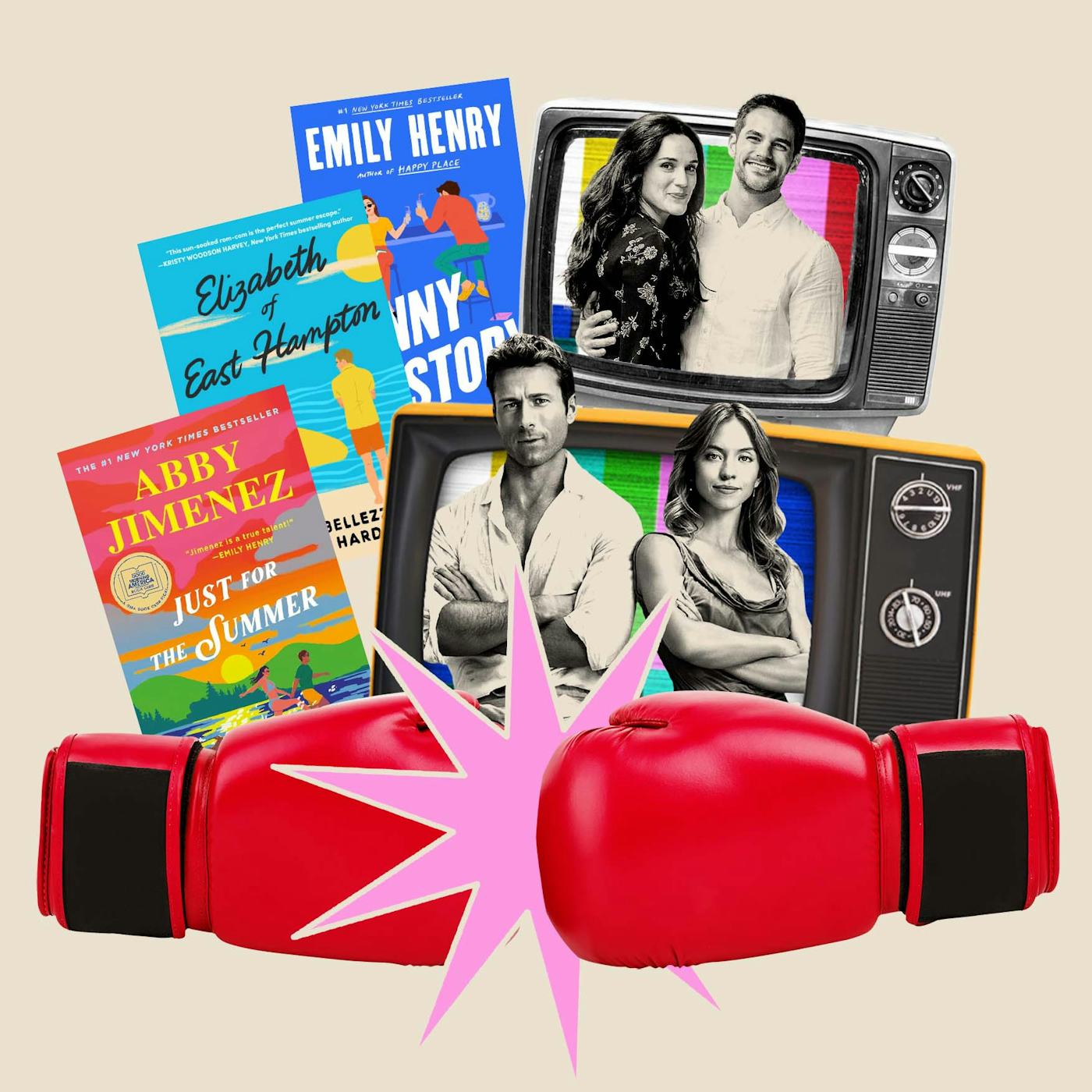 A collage featuring romantic novel covers, two boxing gloves, and a pair of TVs showcasing a smiling couple and two actors.