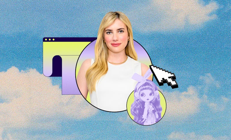 Collage with a blonde woman, an animated character, and web browser icon on a sky background.