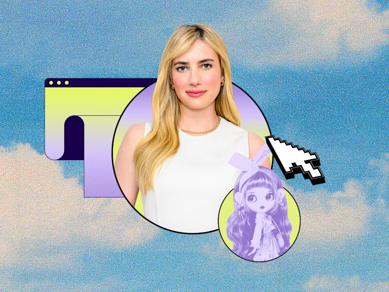 Collage with a blonde woman, an animated character, and web browser icon on a sky background.