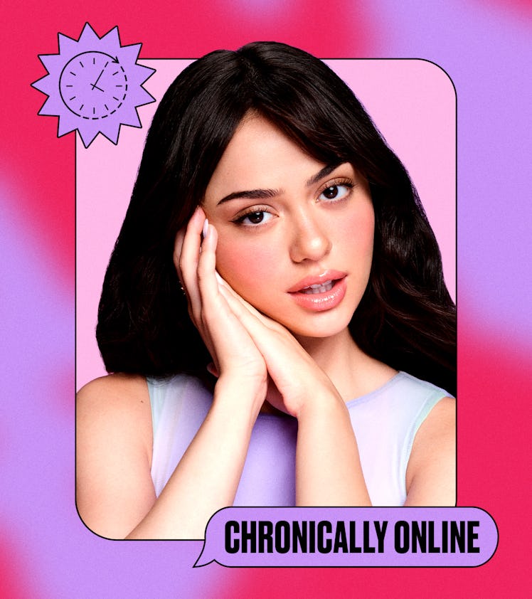 Portrait of a young woman resting her cheek on her hands, with the text "Chronically Online" and a g...