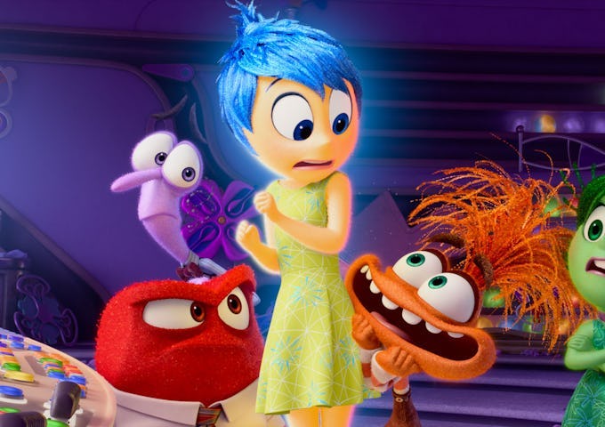 Animated characters with diverse emotions and colorful designs in a vibrant setting. A girl with blue hair appears surprised.