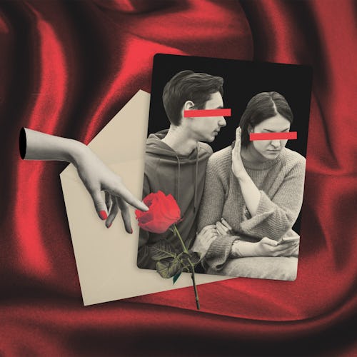 Artistic collage of a monochrome couple with red bars over eyes, a hand holding a rose, and a red dr…