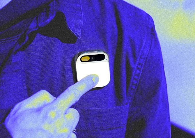 A person in a blue jacket pointing to a white smartphone in their pocket, image filtered in blue and yellow tones.