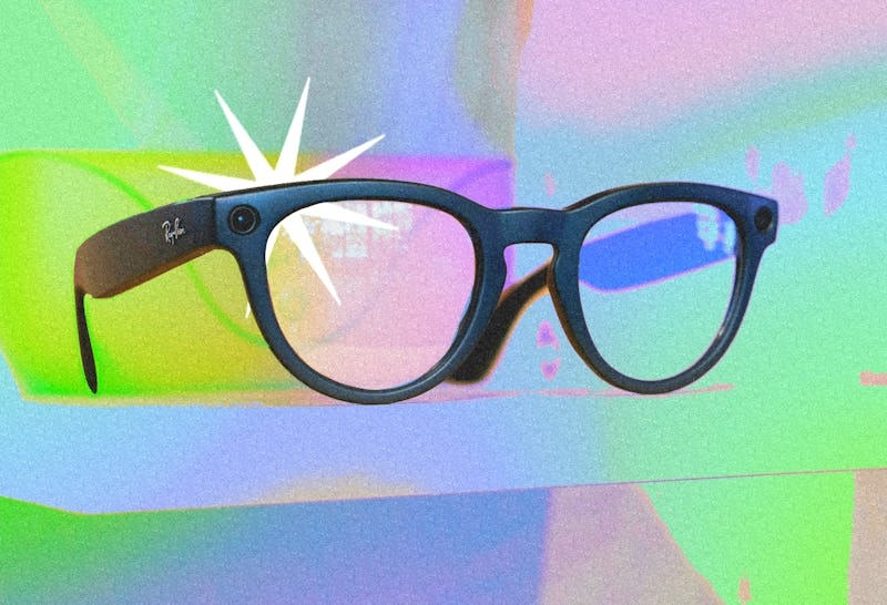 Black eyeglasses highlighted by a white sparkle on a colorful, abstract, multicolored background.