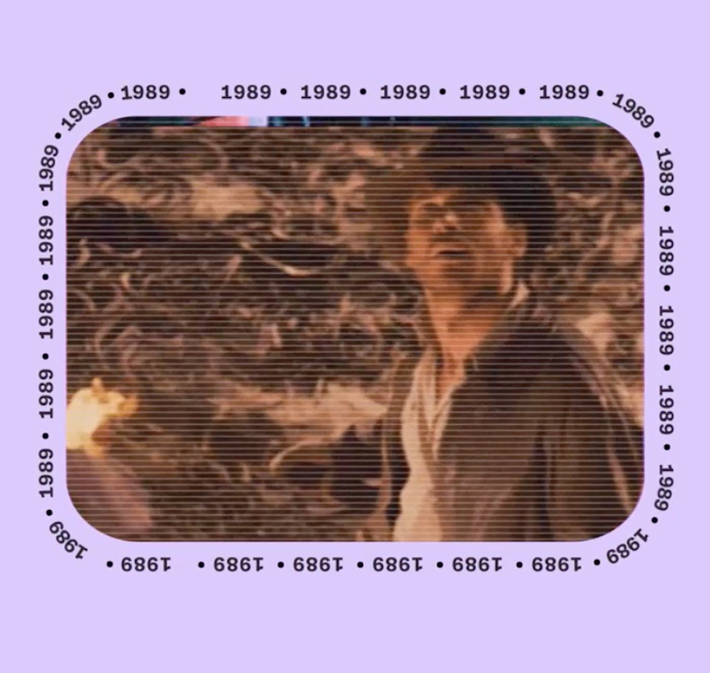 Retro-style image of a man in a fedora hat with a patterned background, framed by an oval border and repeated '1989' texts.