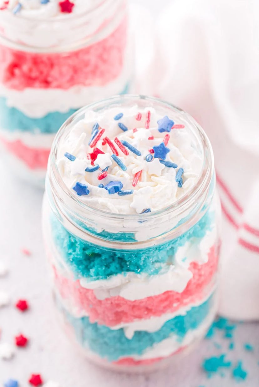 One make-ahead Fourth of July dessert to make is cake in a jar.