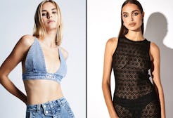 Two models posing in stylish outfits: one in a denim crop top and jeans, the other in a sheer black ...