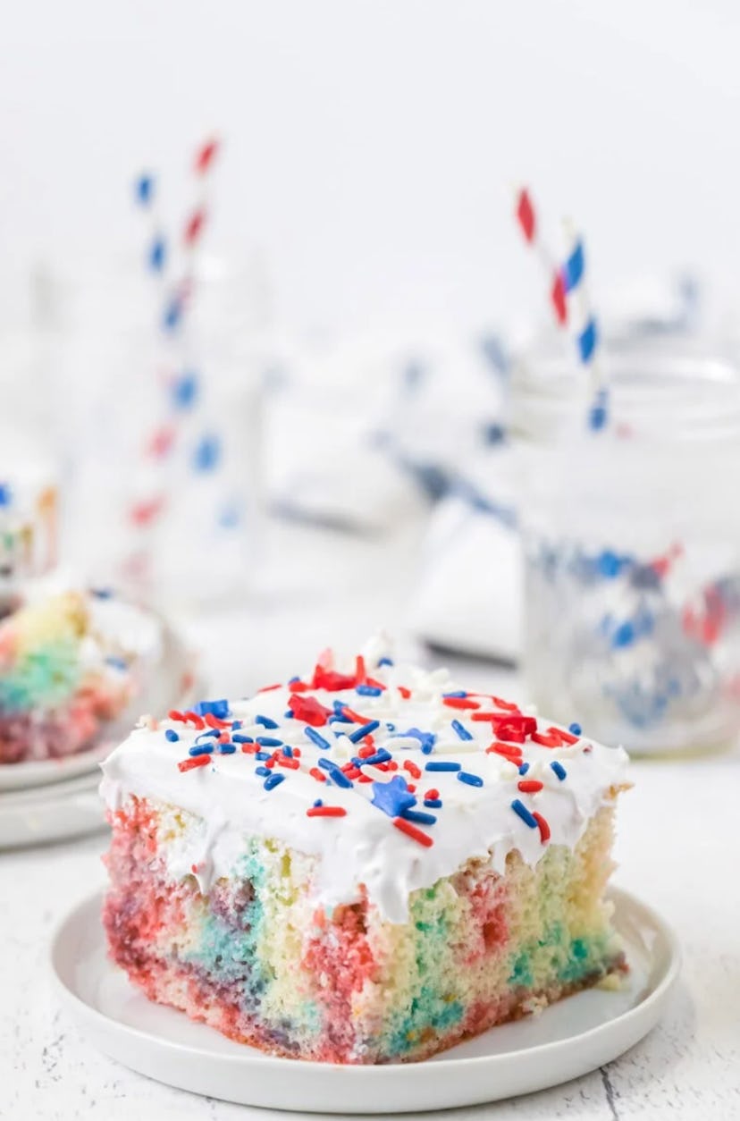 Red, white, and blue poke cake is one of the best make-ahead Fourth of July desserts.