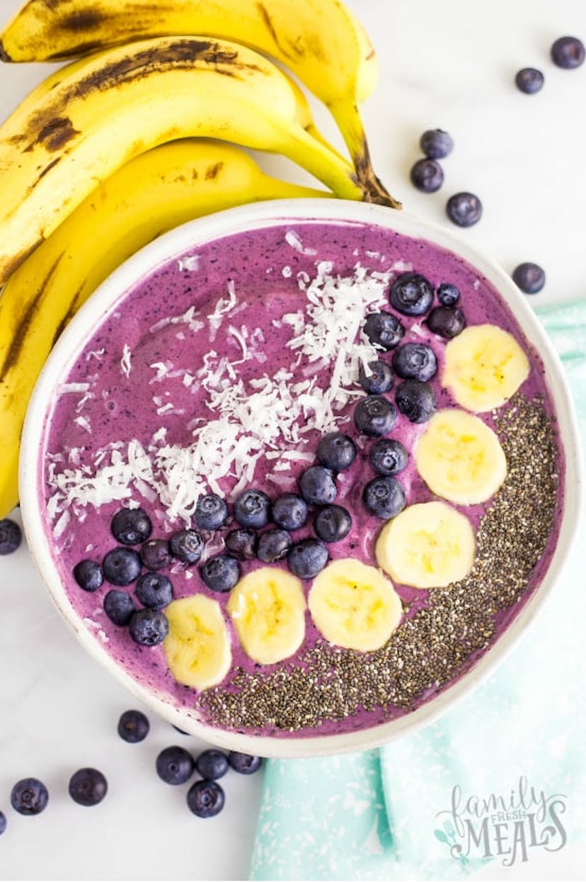 One beach breakfast idea to make is blueberry muffin smoothie bowls.