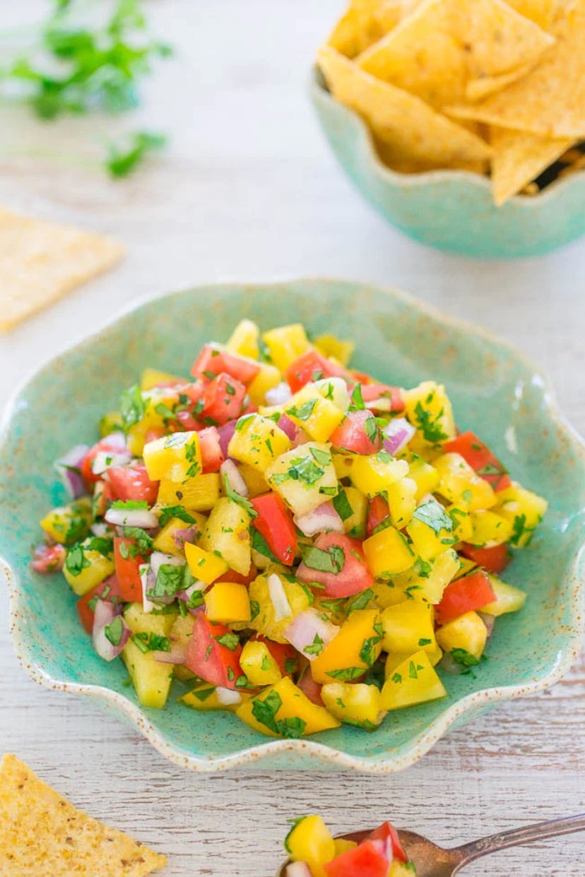 Pineapple salsa  is a make-ahead Fourth of July appetizer idea to enjoy.