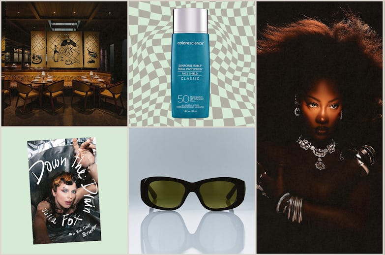 Collage of six images: a cozy restaurant interior, skincare product, woman with afro, magazine cover...