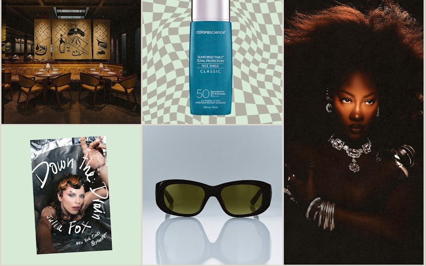 Collage of six images: a cozy restaurant interior, skincare product, woman with afro, magazine cover...