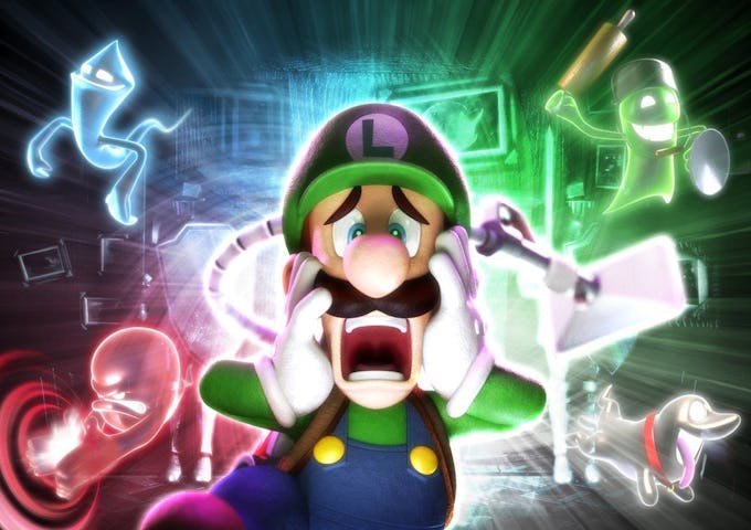 Luigi looks scared as glowing, colorful ghostly shapes surround him in a vibrant, energy-filled scene.