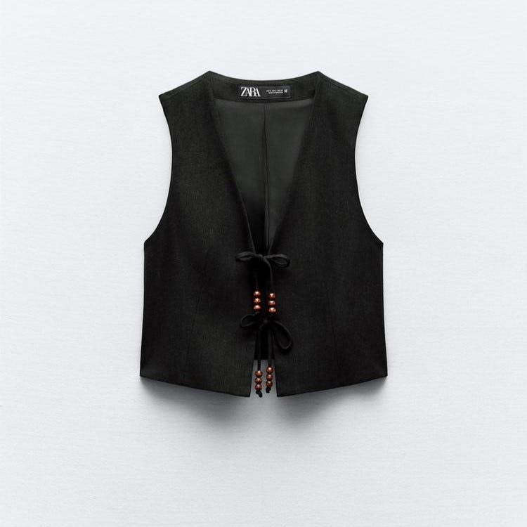 Linen-Blend Vest With Beaded Bows