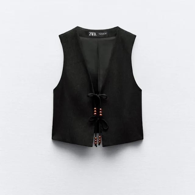 Linen-Blend Vest With Beaded Bows