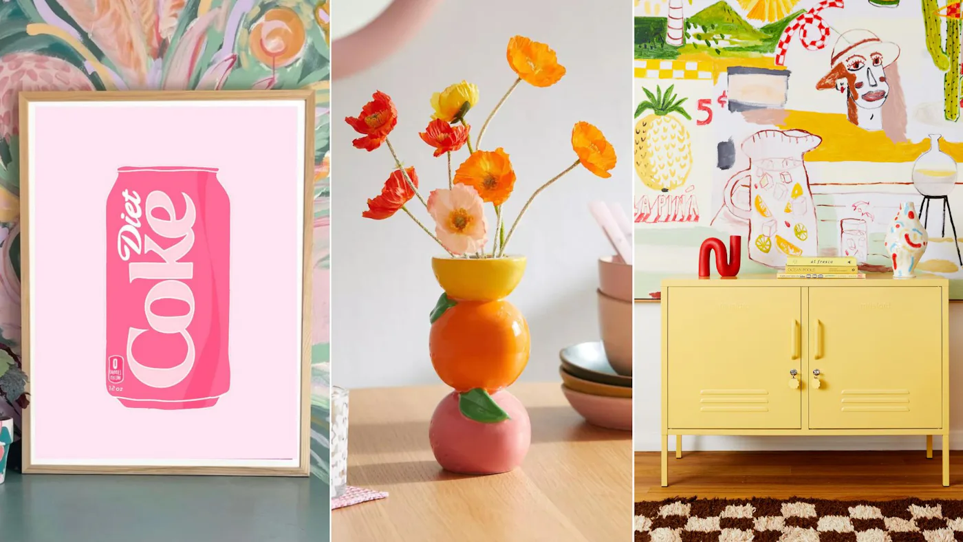 Three images: a bright pink Diet Coke poster, orange flowers in a stacked vase, and a yellow cabinet against a colorful mural.