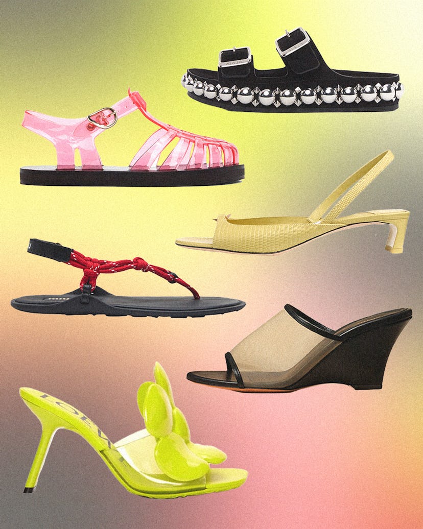 A collage of summer shoes from the brands Alaïa, Ancient Green Sandals, Jimmy Choo, Jil Sander, Khai...