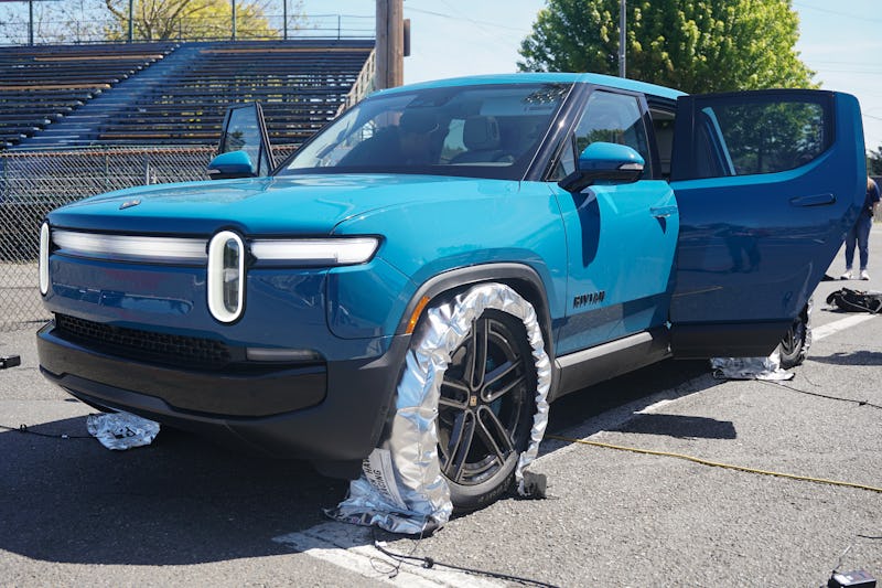 Rivian R1T second-generation electric truck with tire blankets on.