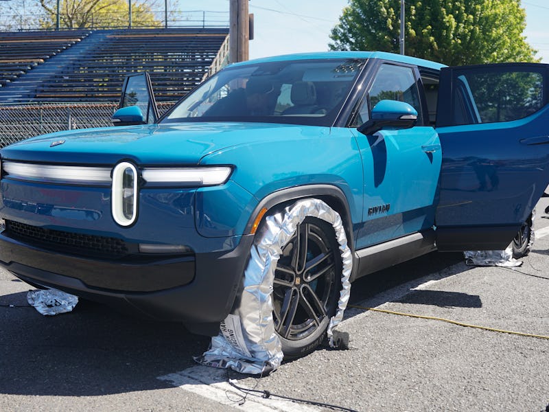 Rivian R1T second-generation electric truck with tire blankets on.