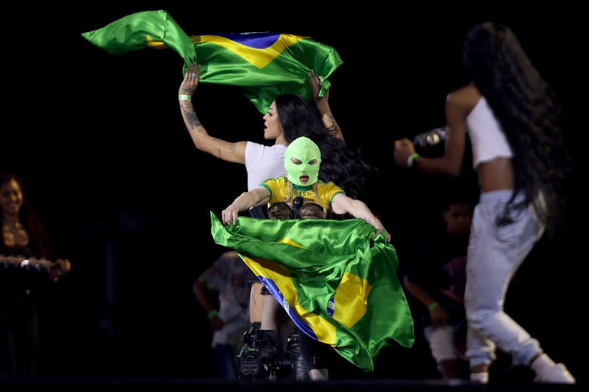 Singer Madonna wears a mask during a rehearsal with Brazilian singer Pabllo Vittar on stage at Copac...