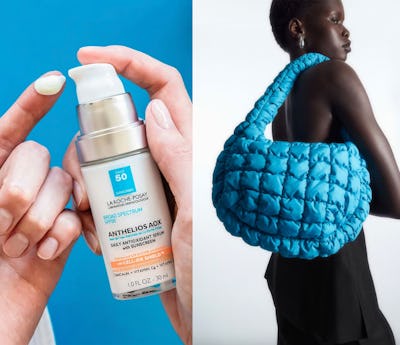 Two images split: Left side shows a hand holding a sunscreen bottle; right side, a woman models a large blue textured bag.