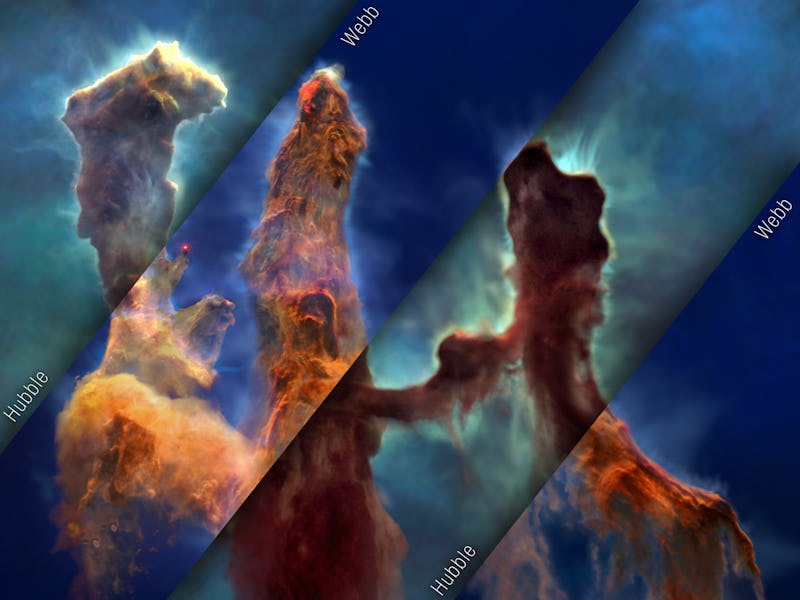 A mosaic of visible-light (Hubble telescope) and infrared-light (JWST telescope) views of the same f...
