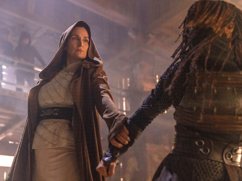 Jedi Master Indara (Carrie-Anne Moss) and Mae (Amandla Stenberg) battle in the opening episode of 'T...