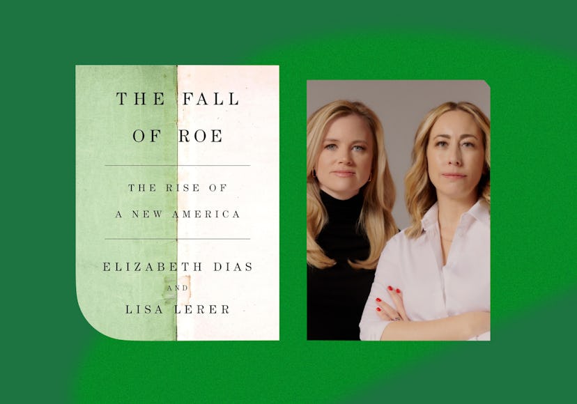 Book cover of "The Fall of Roe" next to portrait of two women, one blonde and one with light brown h...