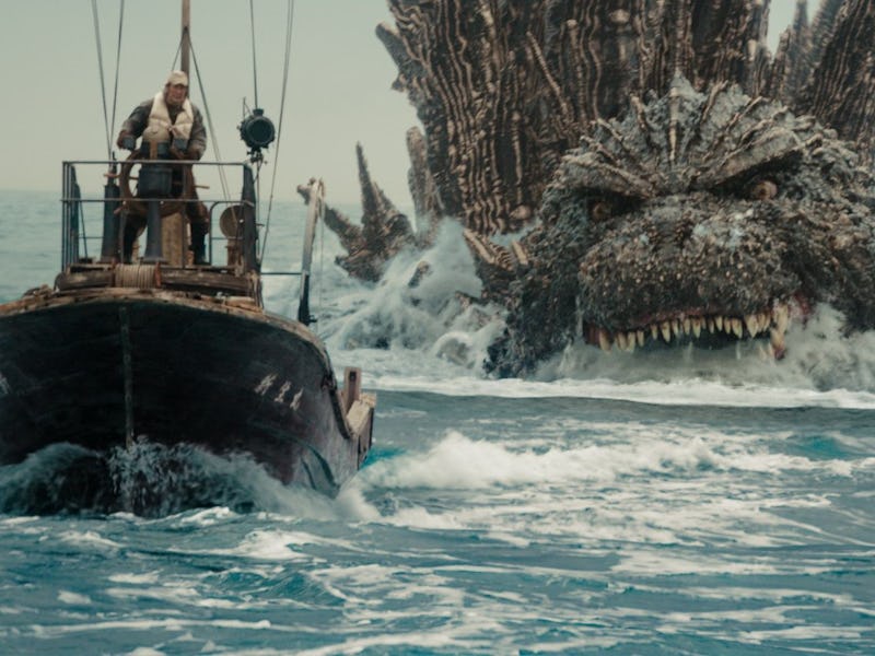Godzilla chases a tugboat in Godzilla: Minus One