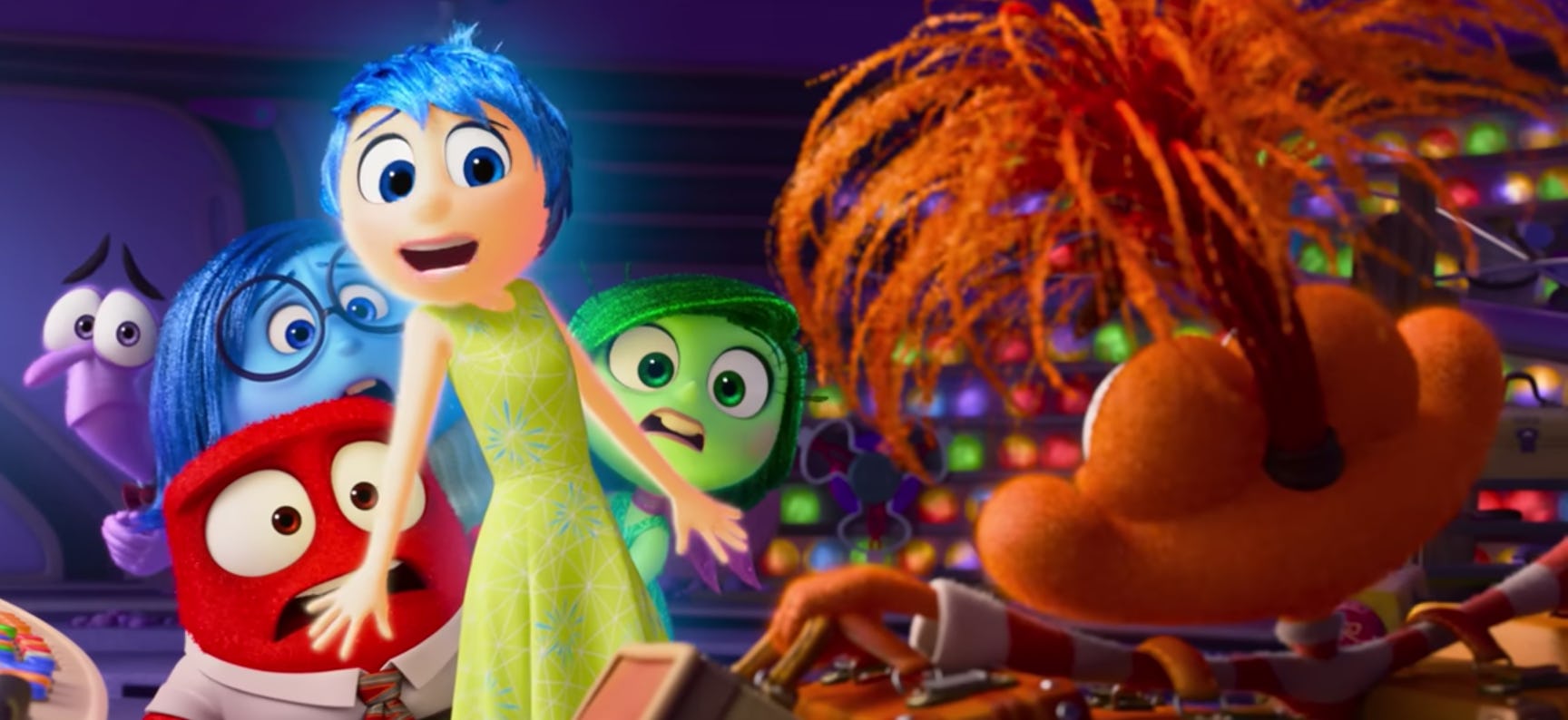 Joy holds back Anger, Disgust, Sadness, and Fear when Anxiety enters Riley's mind.